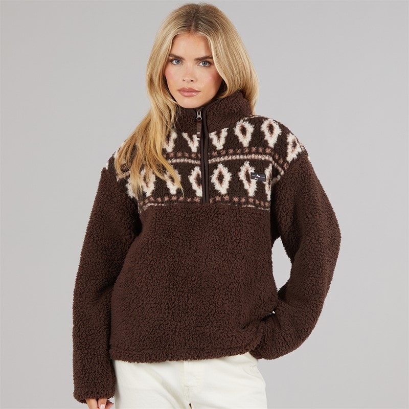 French Connection Womens Borg Fairisle Zip Fleece Chocolate - Image 3