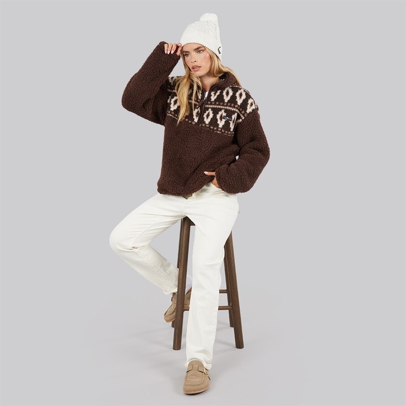 French Connection Womens Borg Fairisle Zip Fleece Chocolate - Image 4