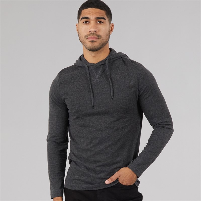 French Connection Mens 3 Crown Long Sleeve Hooded Top Charcoal Mel - Image 1
