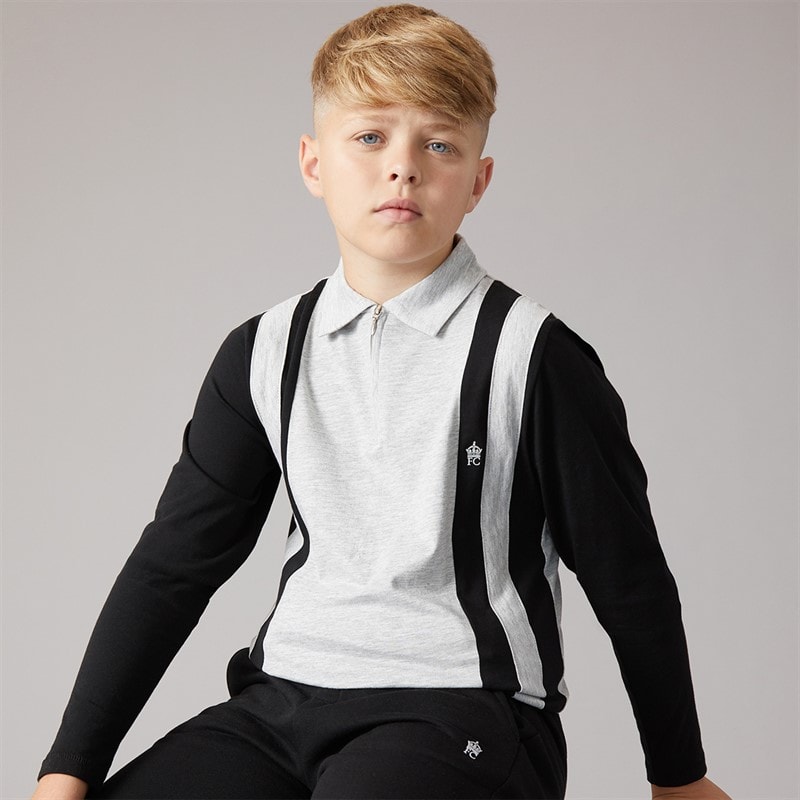 French Connection Boys Court Long Sleeve Zip Polo Shirt And Joggers Set Black/Light Grey Melange - Image 3