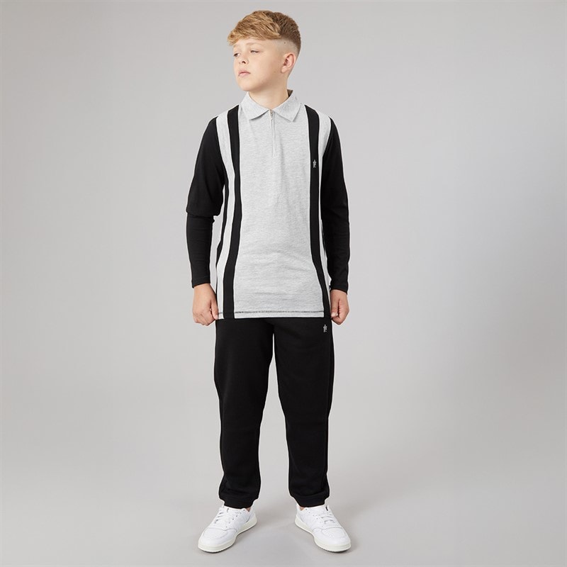 French Connection Boys Court Long Sleeve Zip Polo Shirt And Joggers Set Black/Light Grey Melange - Image 4