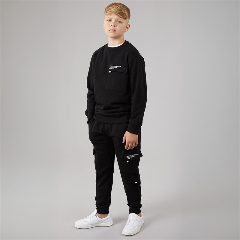 French Connection Boys Zone Crew Sweatshirt And Cargo Pants Tracksuit Black/White - Image 4
