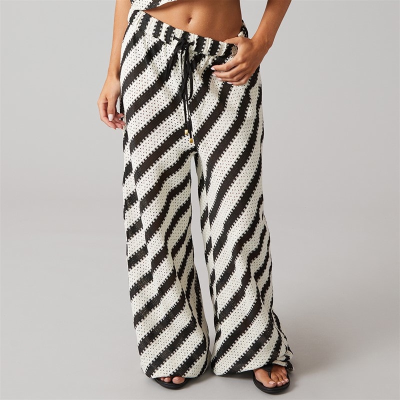 French Connection Womens Stripe Crochet Trousers Black/Ecru