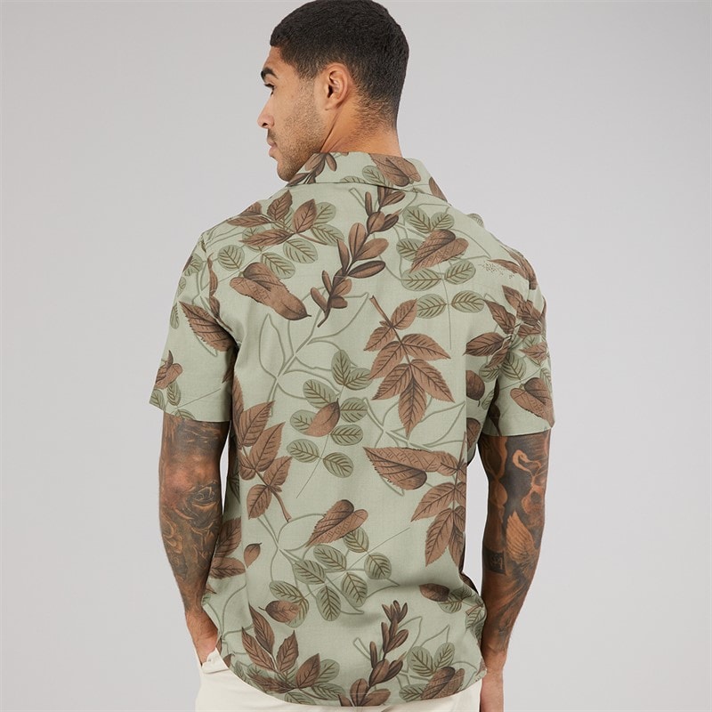 French Connection Mens Short Sleeve Leafy Viscose Shirt Khaki - Image 2