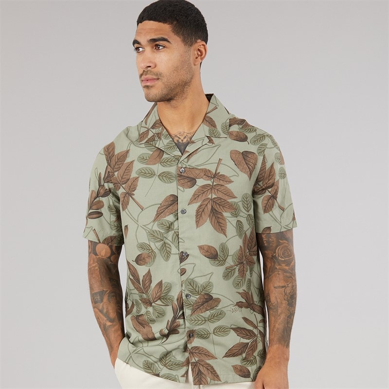 French Connection Mens Short Sleeve Leafy Viscose Shirt Khaki - Image 3