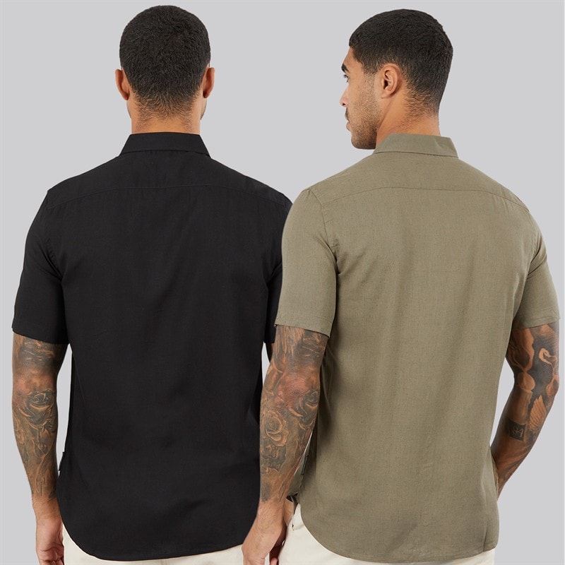 French Connection Mens Two Pack Short Sleeve Linen Shirts Black/Khaki - Image 2