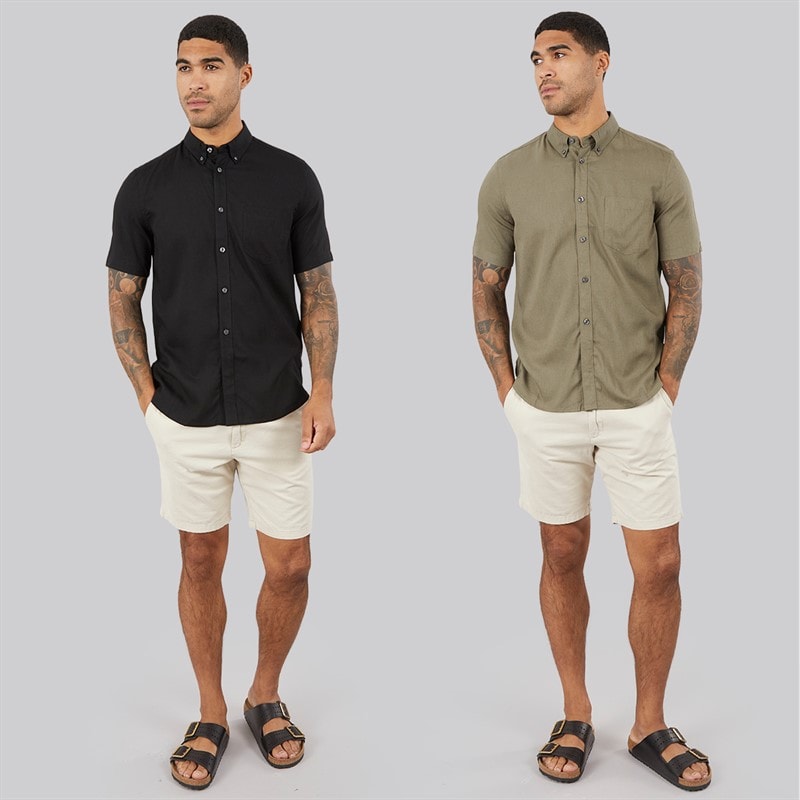 French Connection Mens Two Pack Short Sleeve Linen Shirts Black/Khaki - Image 3