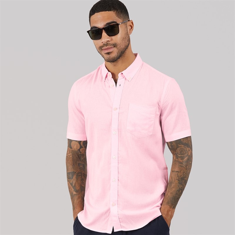 French Connection Mens Short Sleeve Linen Shirt Soft Pink - Image 1