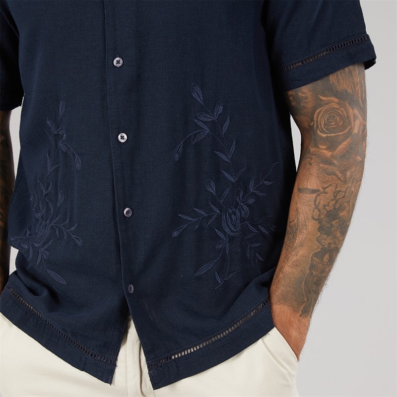 French Connection Mens Linen Floral Short Sleeve Shirt Marine - Image 3