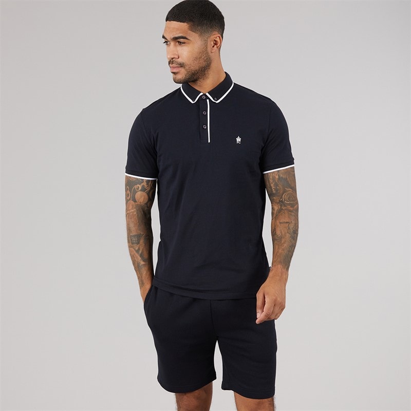 French Connection Mens Tipped Piping Polo and Shorts Set Marine/White - Image 1