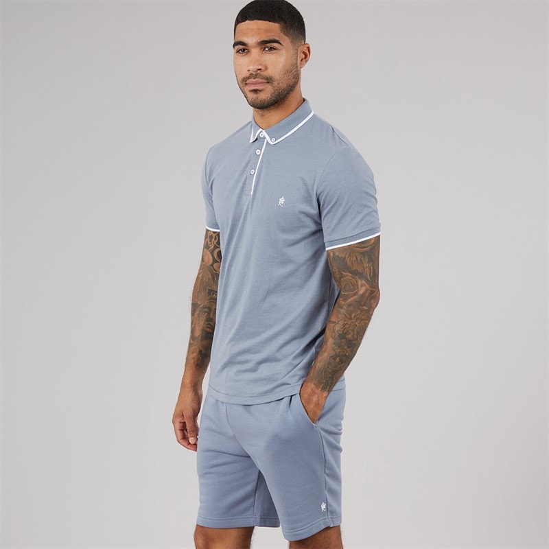 French Connection Mens Tipped Piping Polo Shirt And Shorts Set Light Blue Melange/White