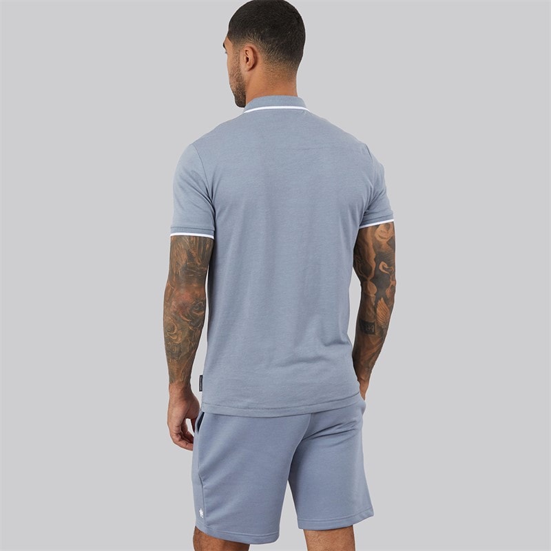 French Connection Mens Tipped Piping Polo Shirt And Shorts Set Light Blue Melange/White - Image 2