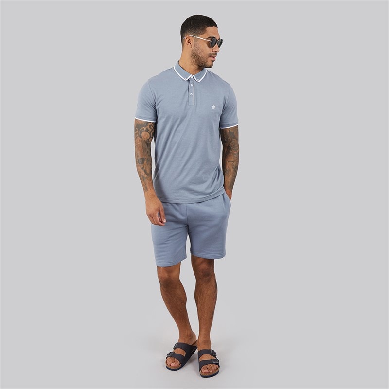 French Connection Mens Tipped Piping Polo Shirt And Shorts Set Light Blue Melange/White - Image 4