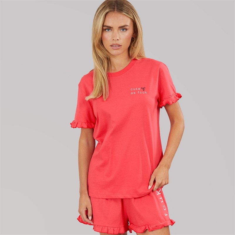 French Connection Womens Cute As Shorts And T-Shirt Pyjama Set Hot Pink - Image 1