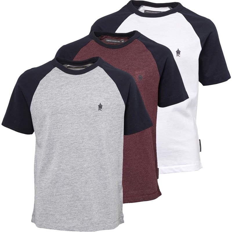 French Connection Boys Ringer X3 Pack T-Shirts Chateux Marl/Lt Grey/White
