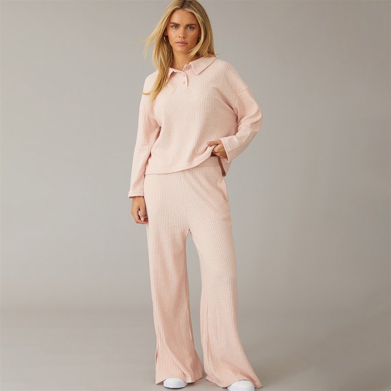 Native Youth Womens Chantria Long Sleeve Polo Shirt And Wide Leg Trousers Set Pink - Image 1