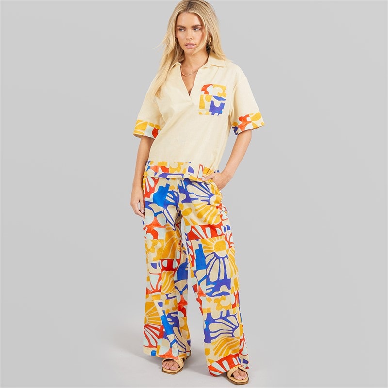 Native Youth Womens Patch Pocket Short Sleeve Polo Shirt And Wide Leg Trousers Set Cream/Multi