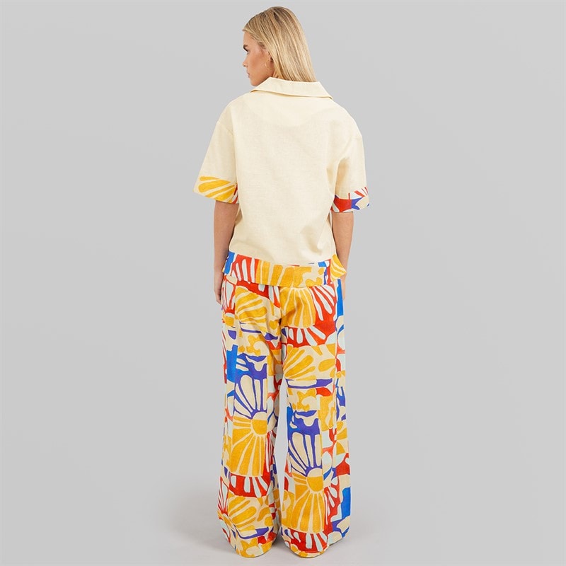 Native Youth Womens Patch Pocket Short Sleeve Polo Shirt And Wide Leg Trousers Set Cream/Multi - Image 2