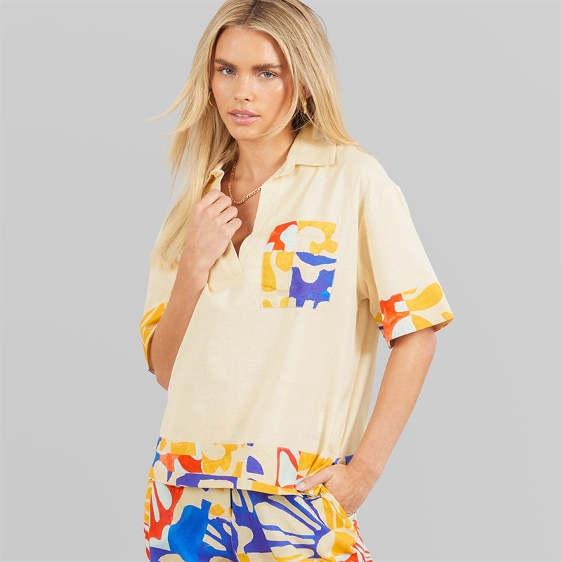 Native Youth Womens Patch Pocket Short Sleeve Polo Shirt And Wide Leg Trousers Set Cream/Multi - Image 3