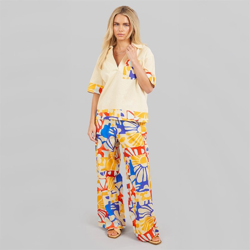 Native Youth Womens Patch Pocket Short Sleeve Polo Shirt And Wide Leg Trousers Set Cream/Multi - Image 4