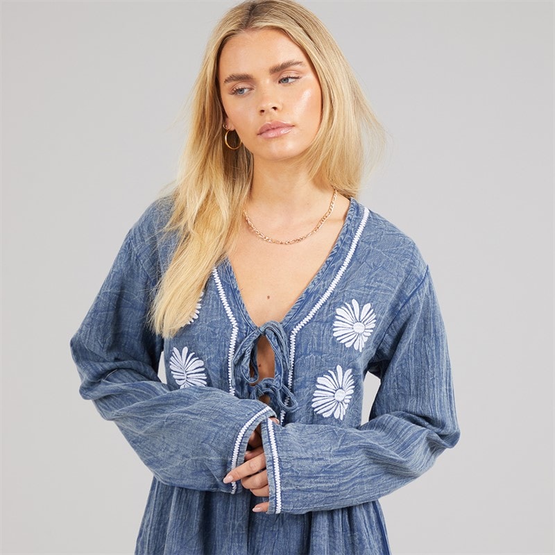 Native Youth Womens Floral Embroidered Dress Navy - Image 3