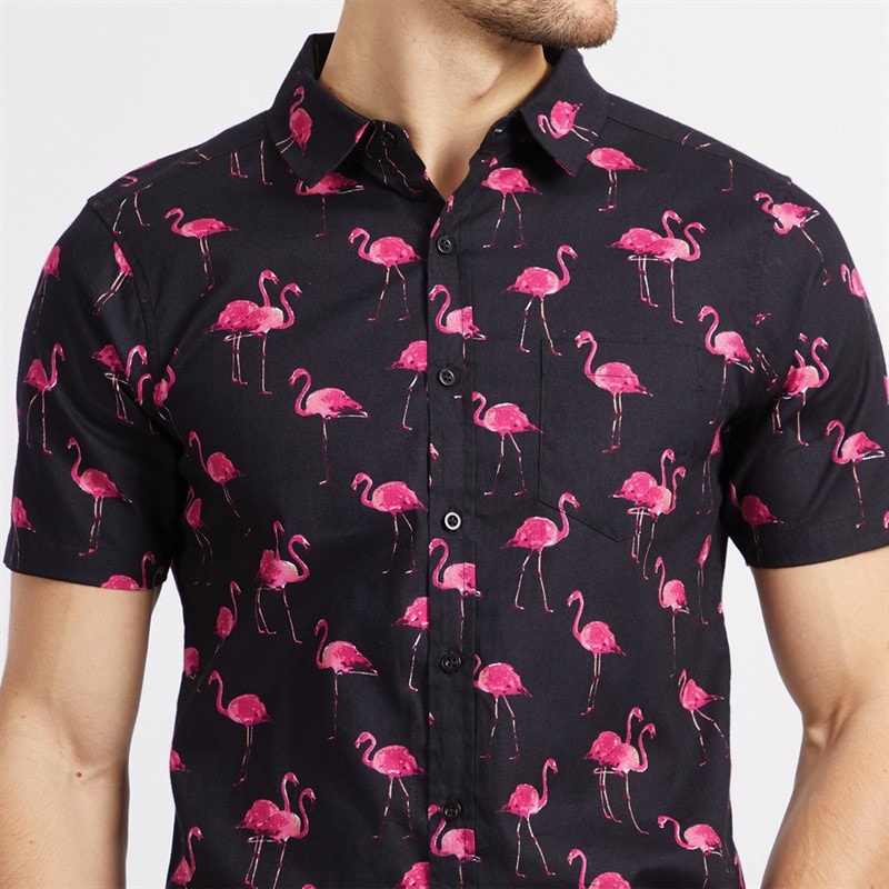Onfire Mens Flamingo Print Shirt Navy AOP - Image 3
