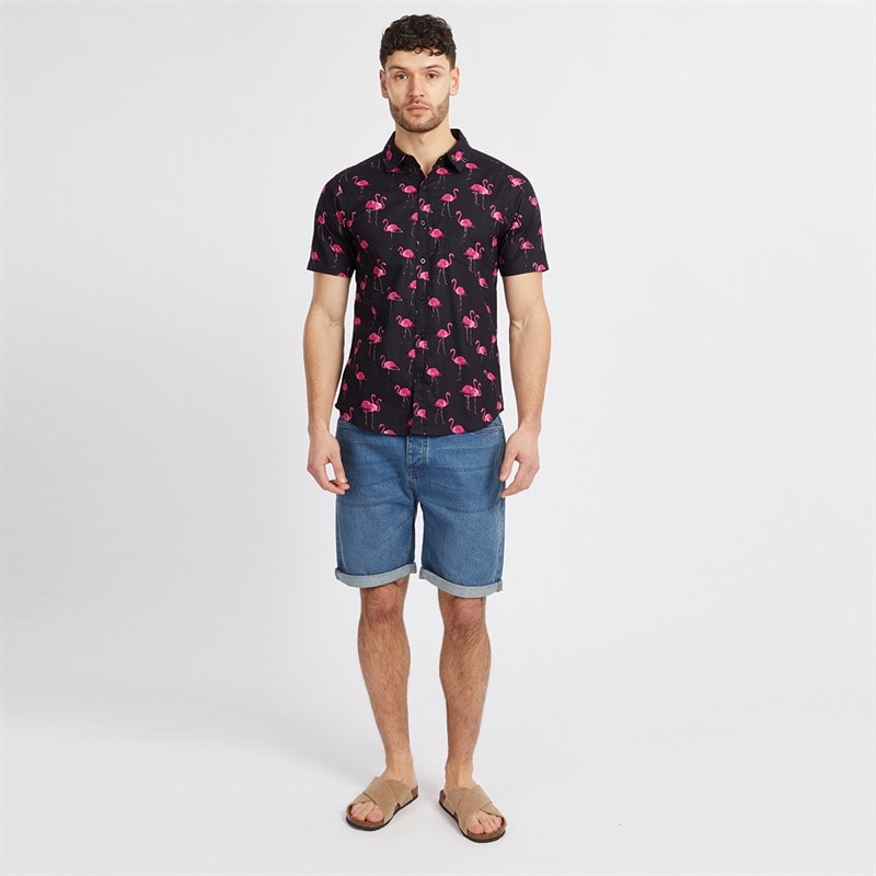 Onfire Mens Flamingo Print Shirt Navy AOP - Image 4