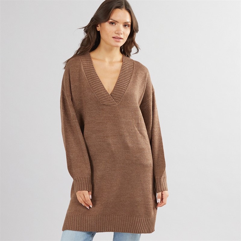 Onfire Womens V-Neck Longline Sweater Brown