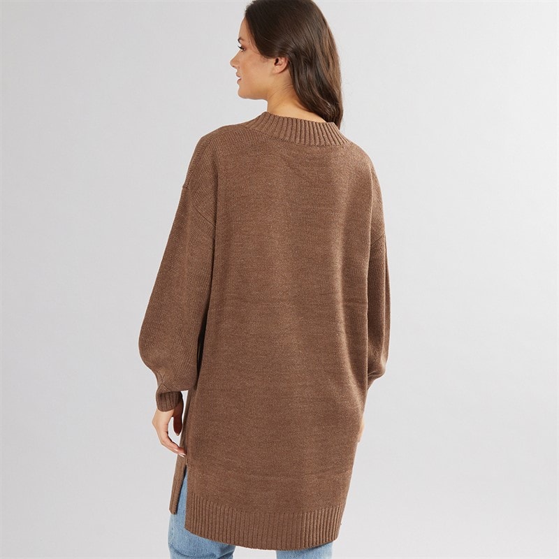 Onfire Womens V-Neck Longline Sweater Brown - Image 2