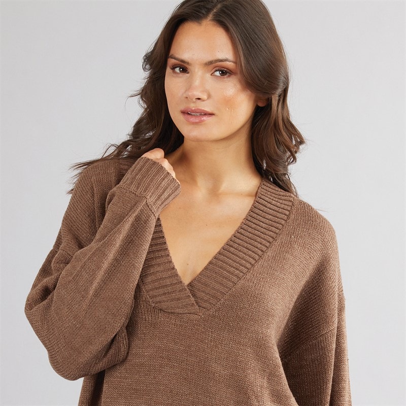 Onfire Womens V-Neck Longline Sweater Brown - Image 3