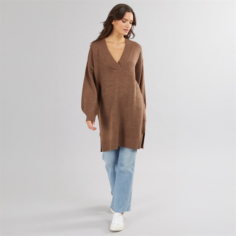 Onfire Womens V-Neck Longline Sweater Brown - Image 4