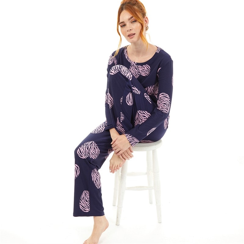 Onfire Womens Soft Touch Scatter Heart Pyjama Navy/Pink - Image 1