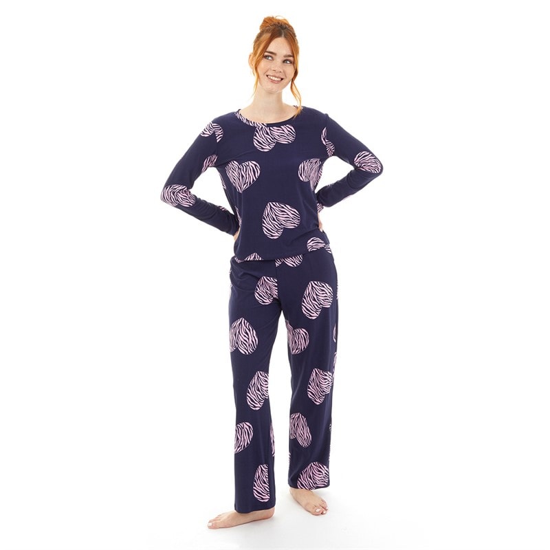 Onfire Womens Soft Touch Scatter Heart Pyjama Navy/Pink - Image 4