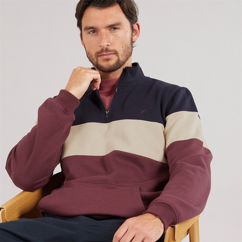 Onfire Mens 1/4 Zip Colour Block Sweatshirt Navy/Burgundy - Image 1