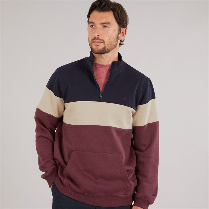 Onfire Mens 1/4 Zip Colour Block Sweatshirt Navy/Burgundy - Image 5