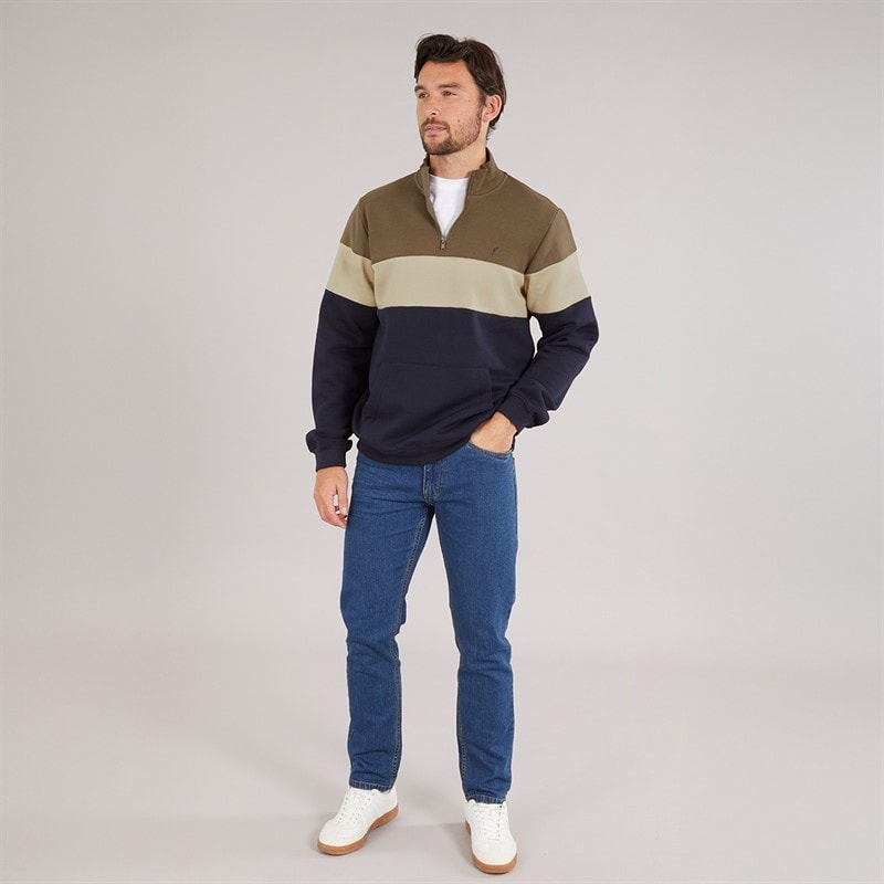 Onfire Mens 1/4 Zip Colour Block Sweatshirt Khaki/Navy - Image 4