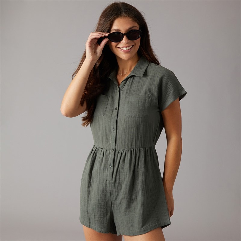 Onfire Womens Cheesecloth Button Through Playsuit Khaki