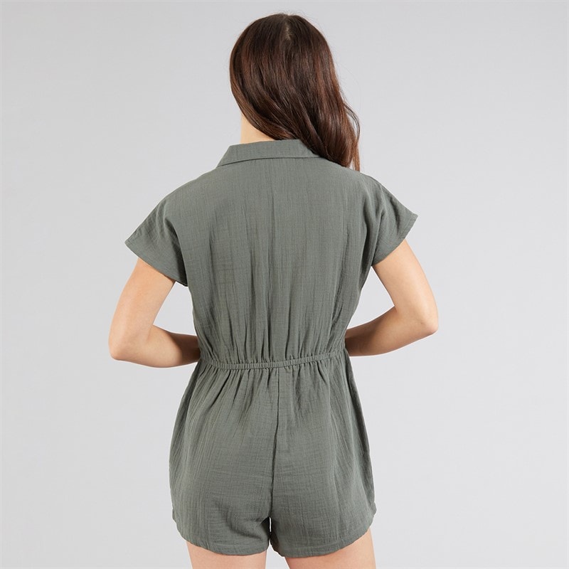 Onfire Womens Cheesecloth Button Through Playsuit Khaki - Image 2
