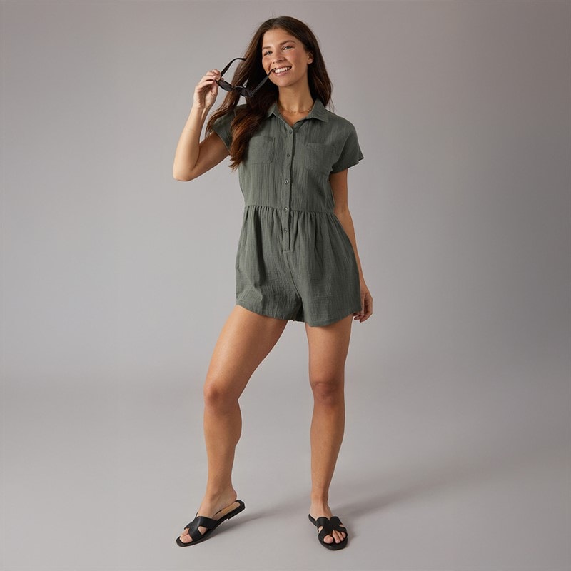 Onfire Womens Cheesecloth Button Through Playsuit Khaki - Image 4