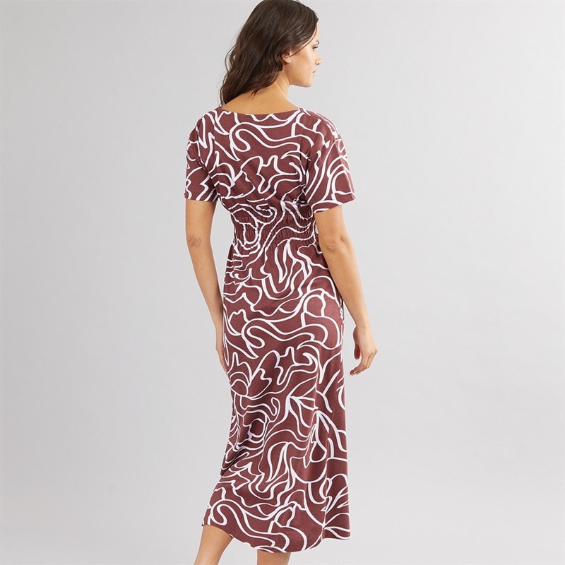 Onfire Womens Smocked Waist Midi Dress Burgundy Print - Image 2