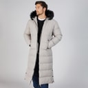 Onfire Mens Maxi Length Hooded Puffer Coat With Faux Fur Hood Stone