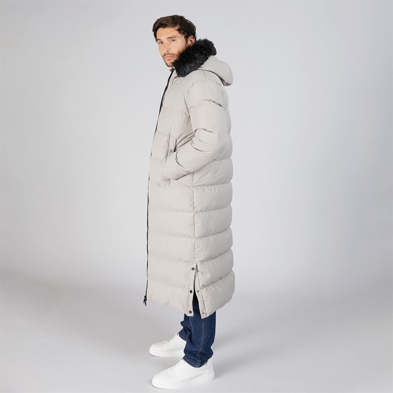 Onfire Mens Maxi Length Hooded Puffer Coat With Faux Fur Hood Stone - Image 3