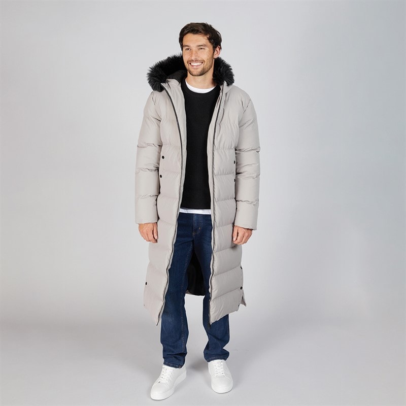Onfire Mens Maxi Length Hooded Puffer Coat With Faux Fur Hood Stone - Image 4