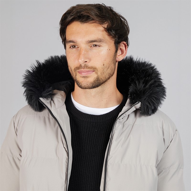 Onfire Mens Maxi Length Hooded Puffer Coat With Faux Fur Hood Stone - Image 5