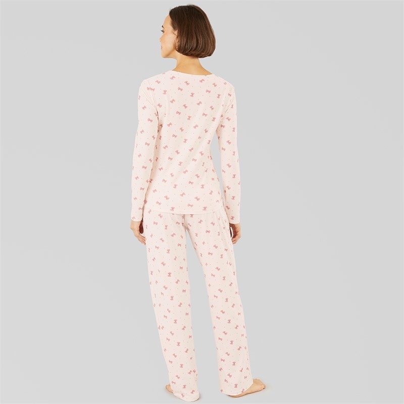 Onfire Womens Soft Touch Bow Pyjamas Ecru/Pink - Image 2