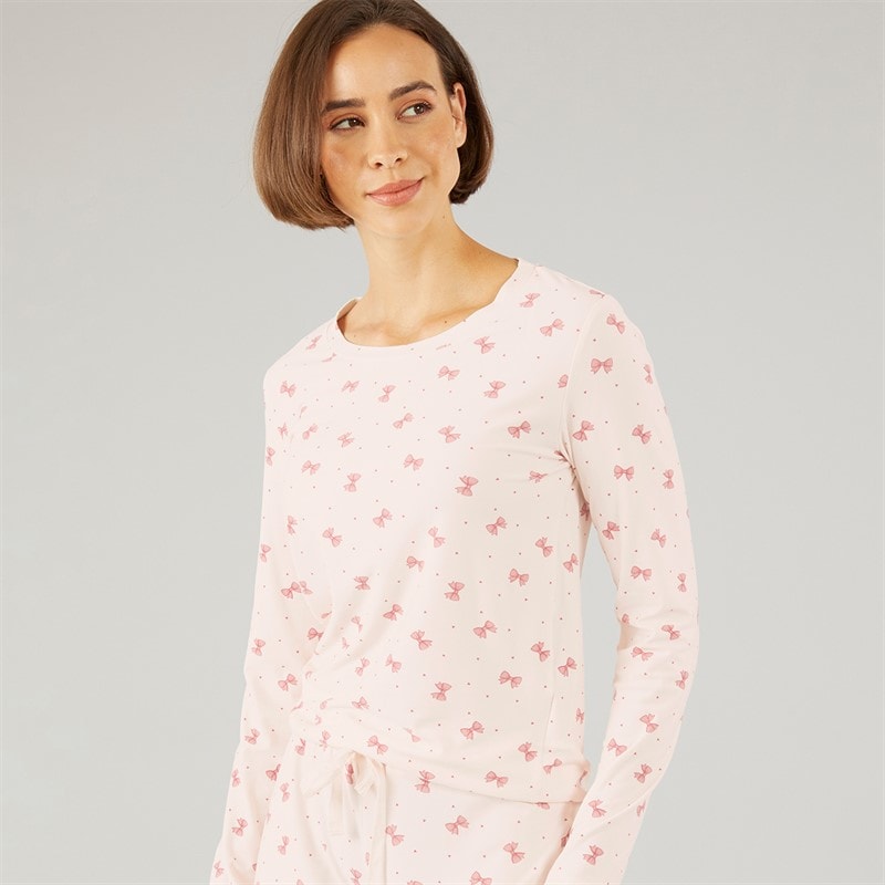Onfire Womens Soft Touch Bow Pyjamas Ecru/Pink - Image 3