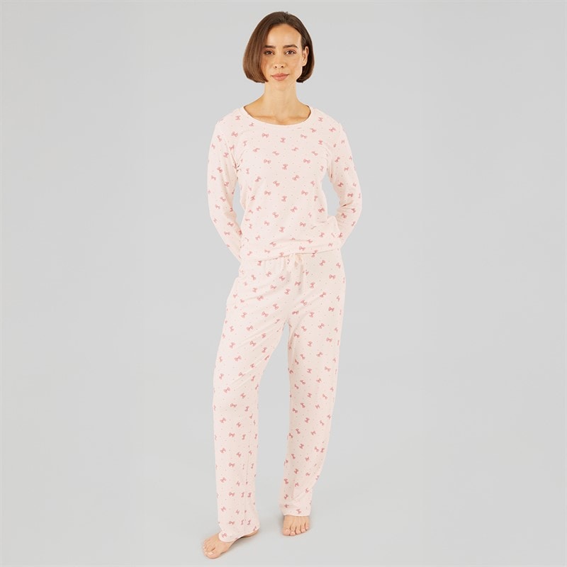 Onfire Womens Soft Touch Bow Pyjamas Ecru/Pink - Image 4
