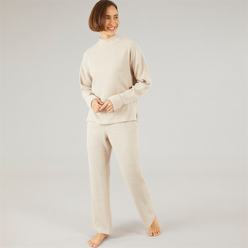 Onfire Womens Rib Top And Wide Leg Trousers Lounge Set Oatmeal - Image 1