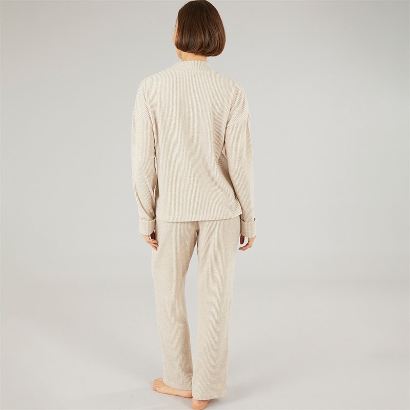 Onfire Womens Rib Top And Wide Leg Trousers Lounge Set Oatmeal - Image 2