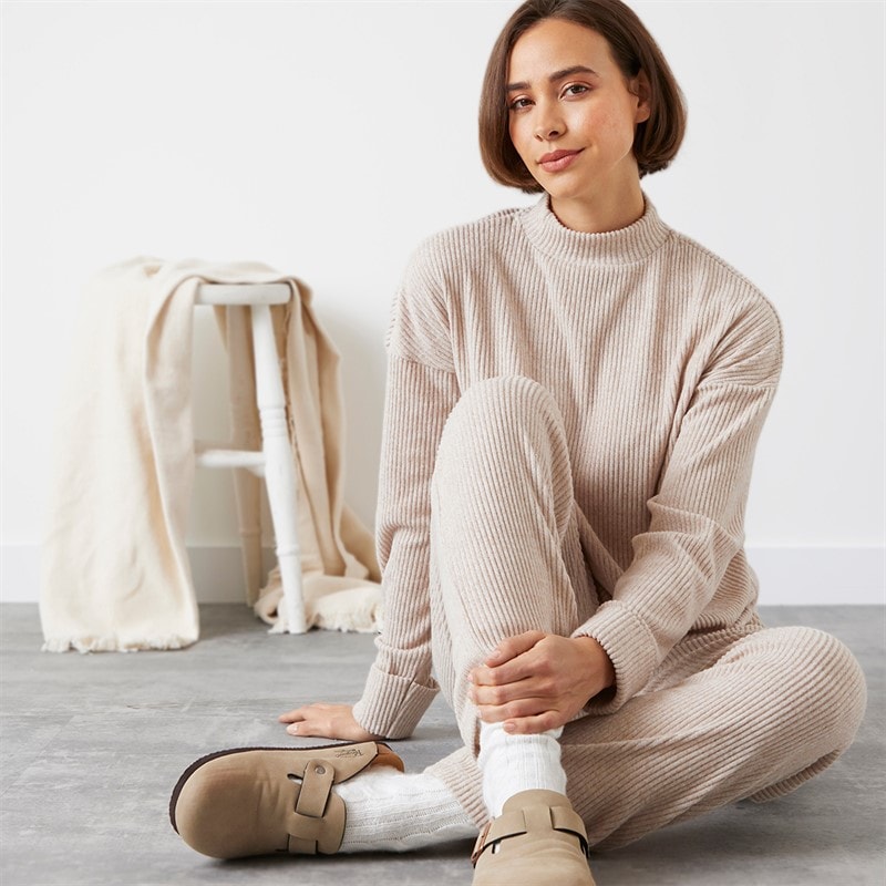 Onfire Womens Rib Top And Wide Leg Trousers Lounge Set Oatmeal - Image 3